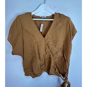 Madewell Linen-Blend Sash-Tie Wrap Top XL Toffee Short Sleeve AN950 New $75